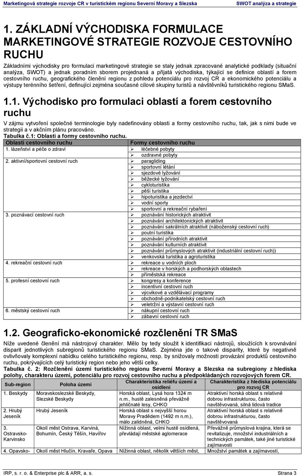 ekonomického potenciálu a výstupy terénního šetření, definující zejména současné cílové skupiny turistů a návštěvníků turistického regionu SMaS. 1.