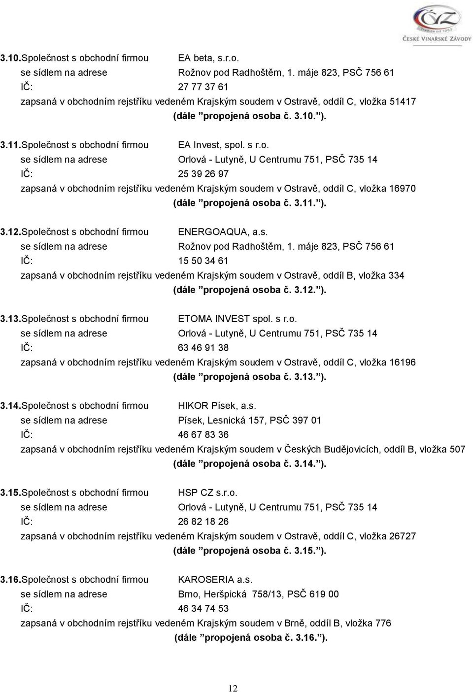 Společnost s obchodní firmou EA Invest, spol. s r.o. se sídlem na adrese Orlová - Lutyně, U Centrumu 751, PSČ 735 14 IČ: 25 39 26 97 zapsaná v obchodním rejstříku vedeném Krajským soudem v Ostravě, oddíl C, vložka 16970 (dále propojená osoba č.