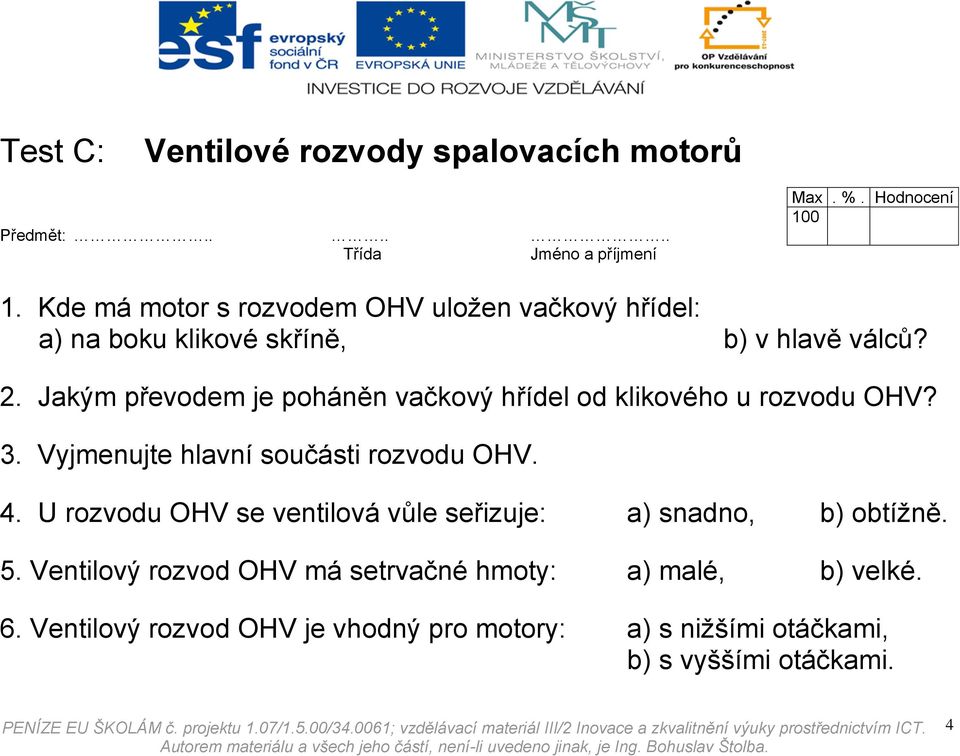 Vyjmenujte hlavní součásti rozvodu OHV. 4.