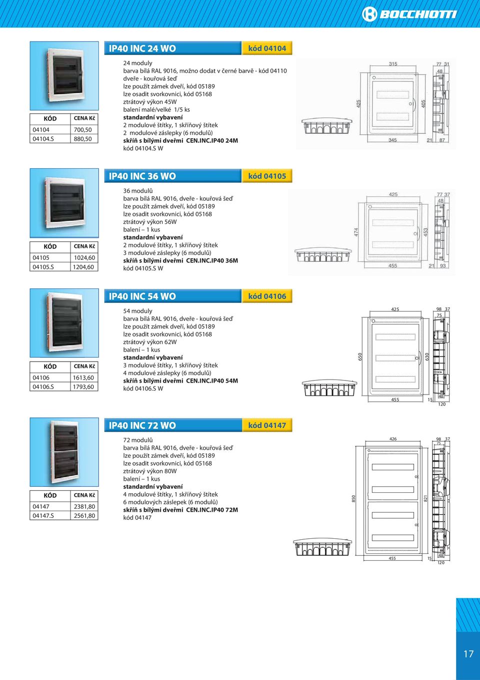 štítky, 2 modulové záslepky (6 modulů) skříň s bílými dveřmi CEN.INC.IP40 24M kód 04104.S W kód 04105 04105 04105.