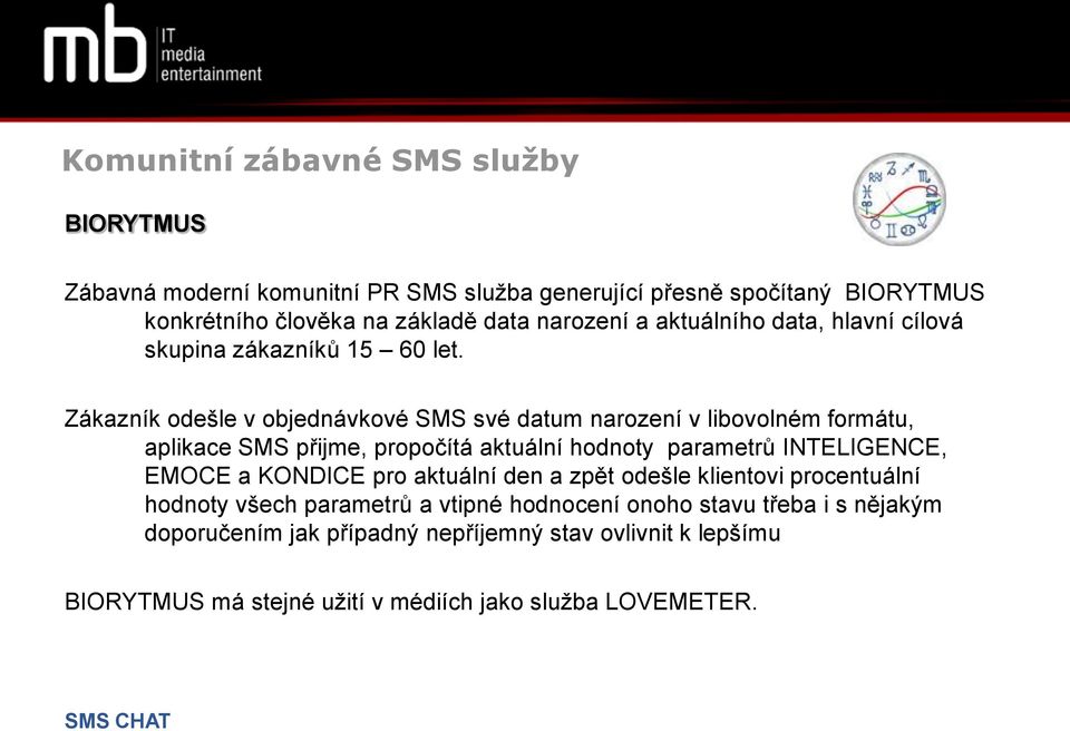 Zákazník odešle v objednávkové SMS své datum narození v libovolném formátu, aplikace SMS přijme, propočítá aktuální hodnoty parametrů INTELIGENCE, EMOCE a