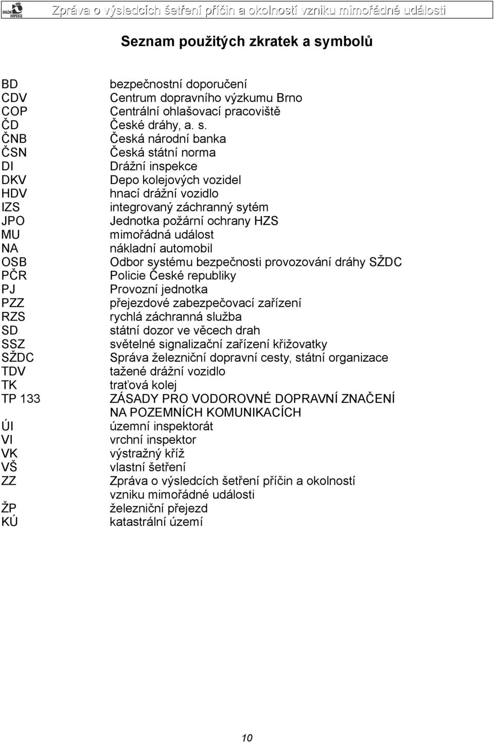 ČNB Česká národní banka ČSN Česká státní norma DI Drážní inspekce DKV Depo kolejových vozidel HDV hnací drážní vozidlo IZS integrovaný záchranný sytém JPO Jednotka požární ochrany HZS MU mimořádná