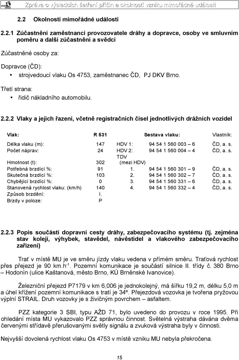 2.2 Vlaky a jejich řazení, včetně registračních čísel jednotlivých drážních vozidel Vlak: R 531 Sestava vlaku: Vlastník: Délka vlaku (m): 147 HDV 1: 94 54 1 560 003 6 ČD, a. s.