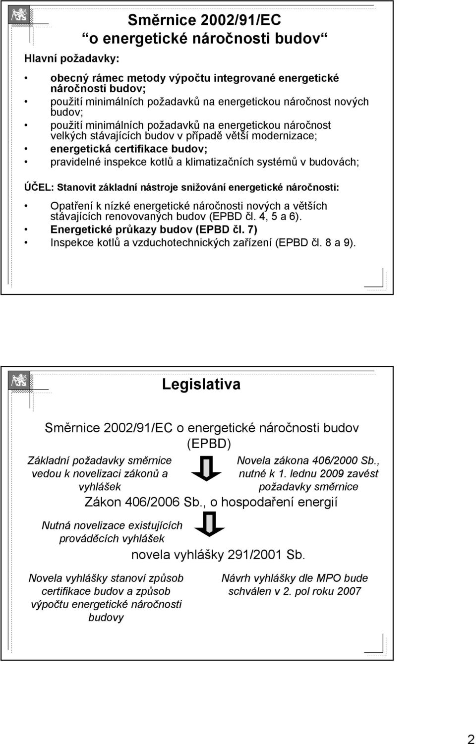 certifikace budov; pravidelné inspekce kotlů a klimatizačních systémů v budovách; ÚČEL: Stanovit základnz kladní nástroje snižov ování energetické náročnosti: Opatřen ení k nízkn zké energetické