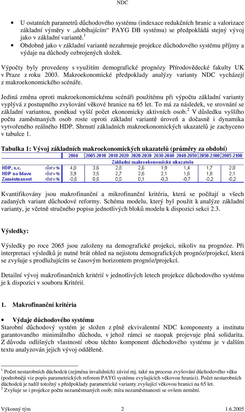 Výpočty byly provedeny s využitím demografické prognózy Přírodovědecké fakulty UK v Praze z roku 2003. Makroekonomické předpoklady analýzy varianty NDC vycházejí z makroekonomického scénáře.