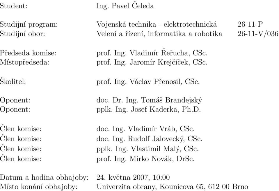 Místopředseda: Školitel: Oponent: Oponent: Člen komise: Člen komise: Člen komise: Člen komise: prof. Ing. Vladimír Řeřucha, CSc. prof. Ing. Jaromír Krejčíček, CSc.