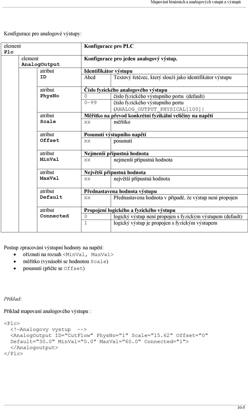 fyzického výstupního portu (ANALOG_OUTPUT_PHYSICAL[100]) Měřítko na převod konkrétní fyzikální veličiny na napětí Scale xx měřítko Posunutí výstupního napětí Offset xx posunutí Nejmenší přípustná