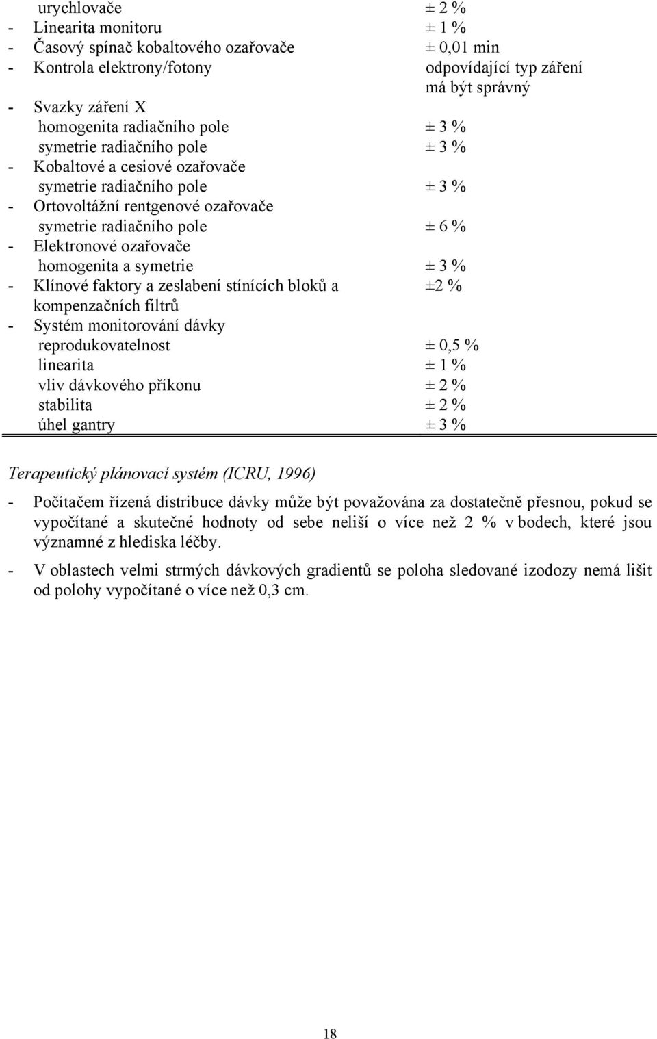 ozařovače homogenita a symetrie ± 3 % - Klínové faktory a zeslabení stínících bloků a ±2 % kompenzačních filtrů - Systém monitorování dávky reprodukovatelnost ± 0,5 % linearita ± 1 % vliv dávkového