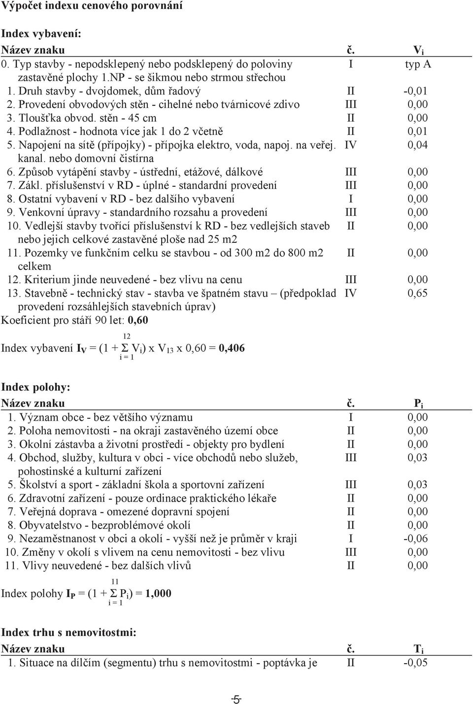 Podlažnost - hodnota více jak 1 do 2 vetn II 0,01 5. Napojení na sít (pípojky) - pípojka elektro, voda, napoj. na veej. IV 0,04 kanal. nebo domovní istírna 6.