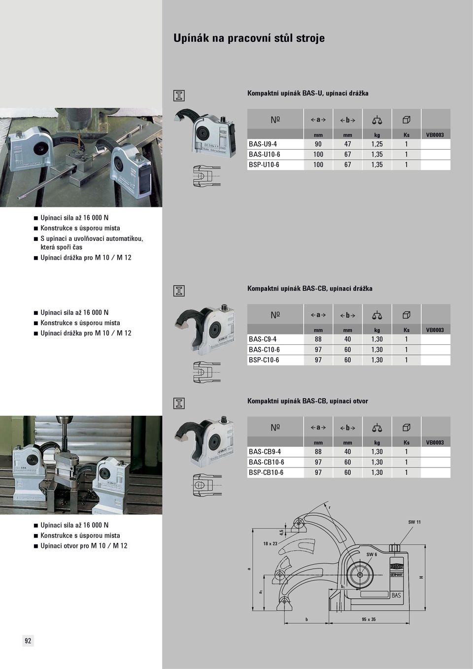 drážka pro M 10 / M 12 mm mm kg Ks VB0003 BAS-C9-4 88 40 1,30 1 BAS-C10-6 97 60 1,30 1 BSP-C10-6 97 60 1,30 1 Kompaktní upínák BAS-CB, upínací otvor mm mm kg Ks VB0003 BAS-CB9-4 88