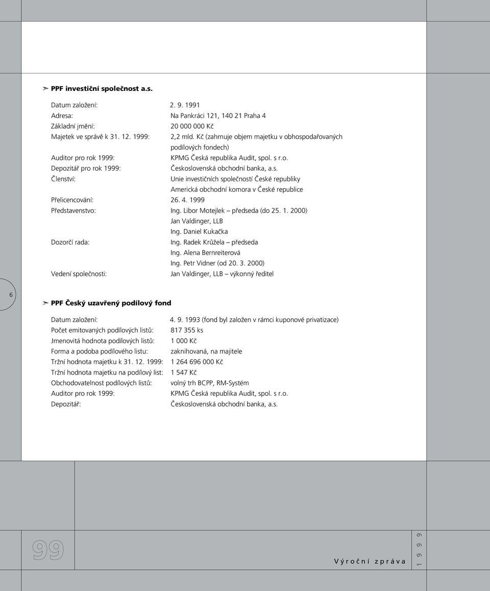 4. 1999 Pfiedstavenstvo: Ing. Libor Motejlek pfiedseda (do 25. 1. 2000) Jan Valdinger, LLB Ing. Daniel Kukaãka Dozorãí rada: Ing. Radek KrÛÏela pfiedseda Ing. Alena Bernreiterová Ing.