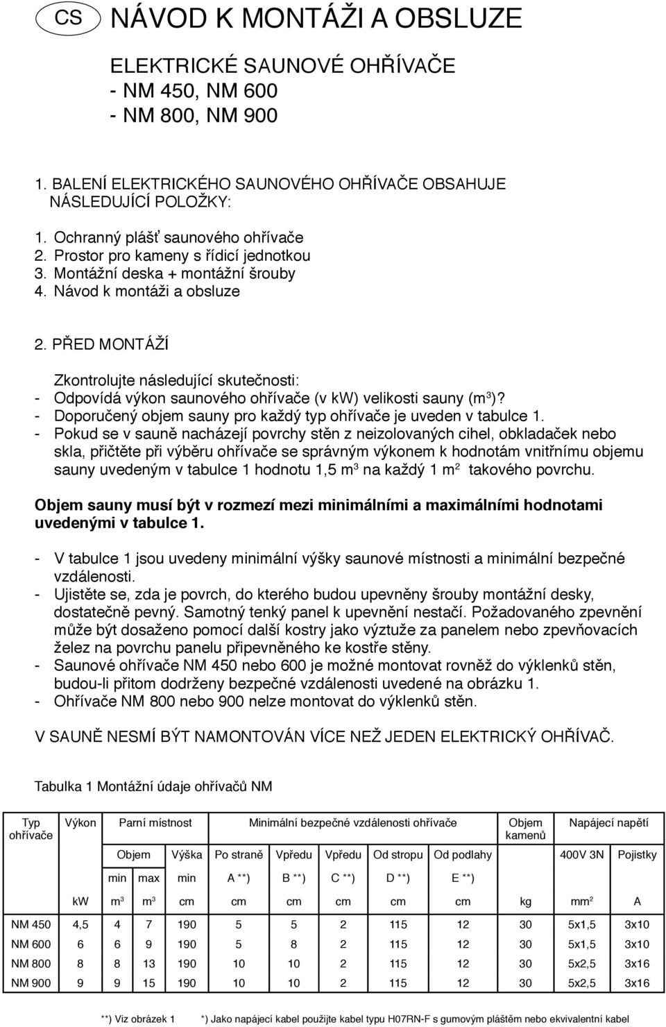 PŘED MONTÁŽÍ Zkontrolujte následující skutečnosti: Odpovídá výkon saunového ohřívače (v kw) velikosti sauny (m 3 )? Doporučený objem sauny pro každý typ ohřívače je uveden v tabulce 1.