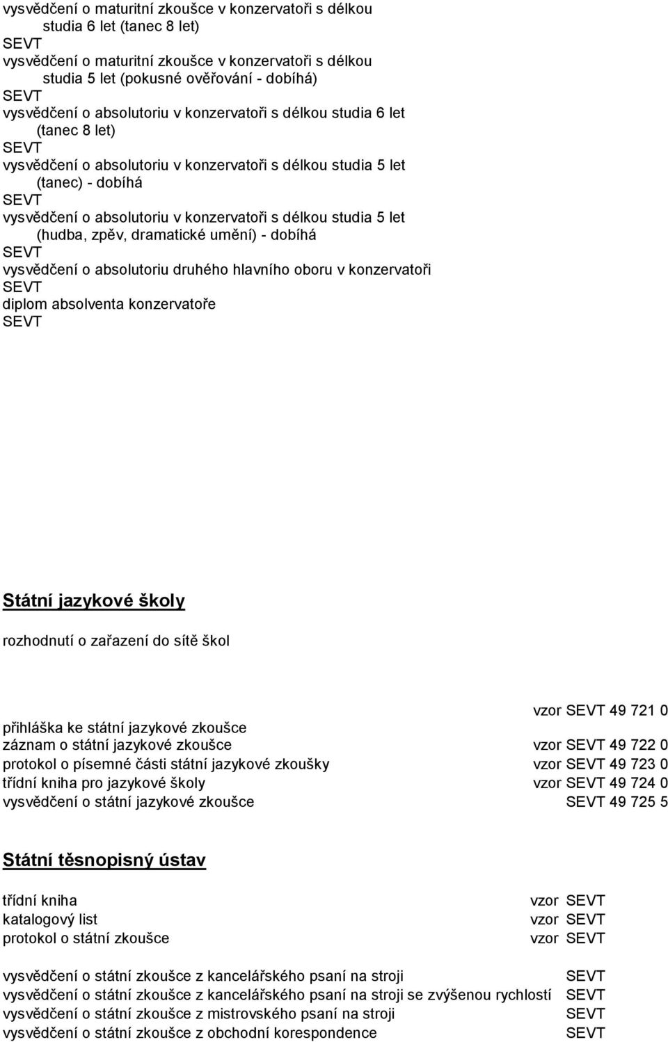 let (hudba, zpěv, dramatické umění) - dobíhá vysvědčení o absolutoriu druhého hlavního oboru v konzervatoři diplom absolventa konzervatoře Státní jazykové školy rozhodnutí o zařazení do sítě škol