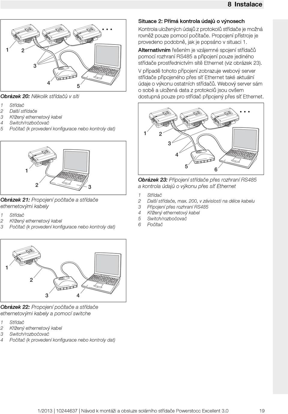 Alternativním řešením je vzájemné spojení střídačů pomocí rozhraní RS485 a připojení pouze jediného střídače prostřednictvím sítě Ethernet (viz obrázek 3).