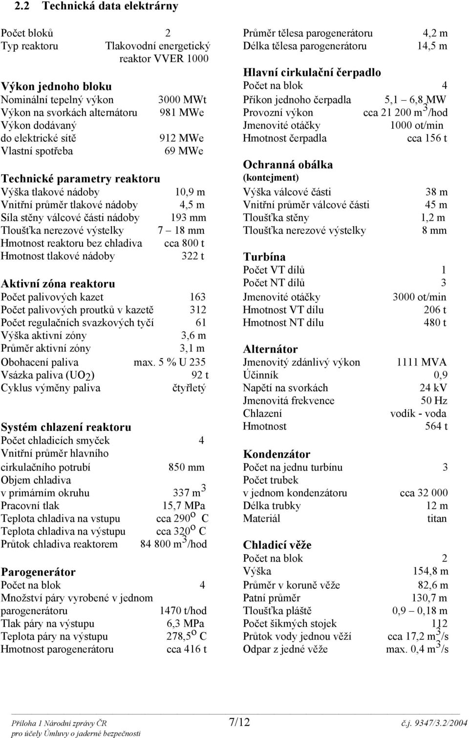 Jmenovité otáčky 1000 ot/min do elektrické sítě 912 MWe Hmotnost čerpadla cca 156 t Vlastní spotřeba 69 MWe Ochranná obálka Technické parametry reaktoru (kontejment) Výška tlakové nádoby 10,9 m Výška