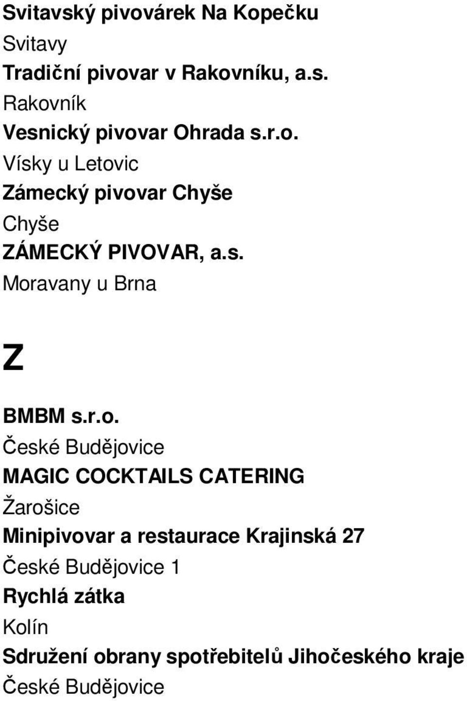 r.o. MAGIC COCKTAILS CATERING Žarošice Minipivovar a restaurace Krajinská 27 1 Rychlá