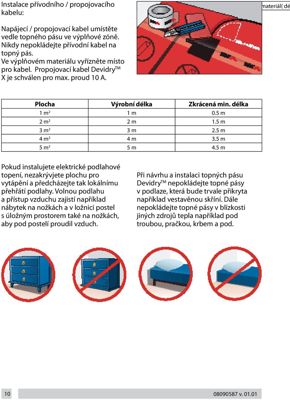 5 m 4 m 2 4 m 3.5 m 5 m 2 5 m 4.5 m Pokud instalujete elektrické podlahové topení, nezakrývjete plochu pro vytápění a předcházejte tak lokálnímu přehřátí podlahy.