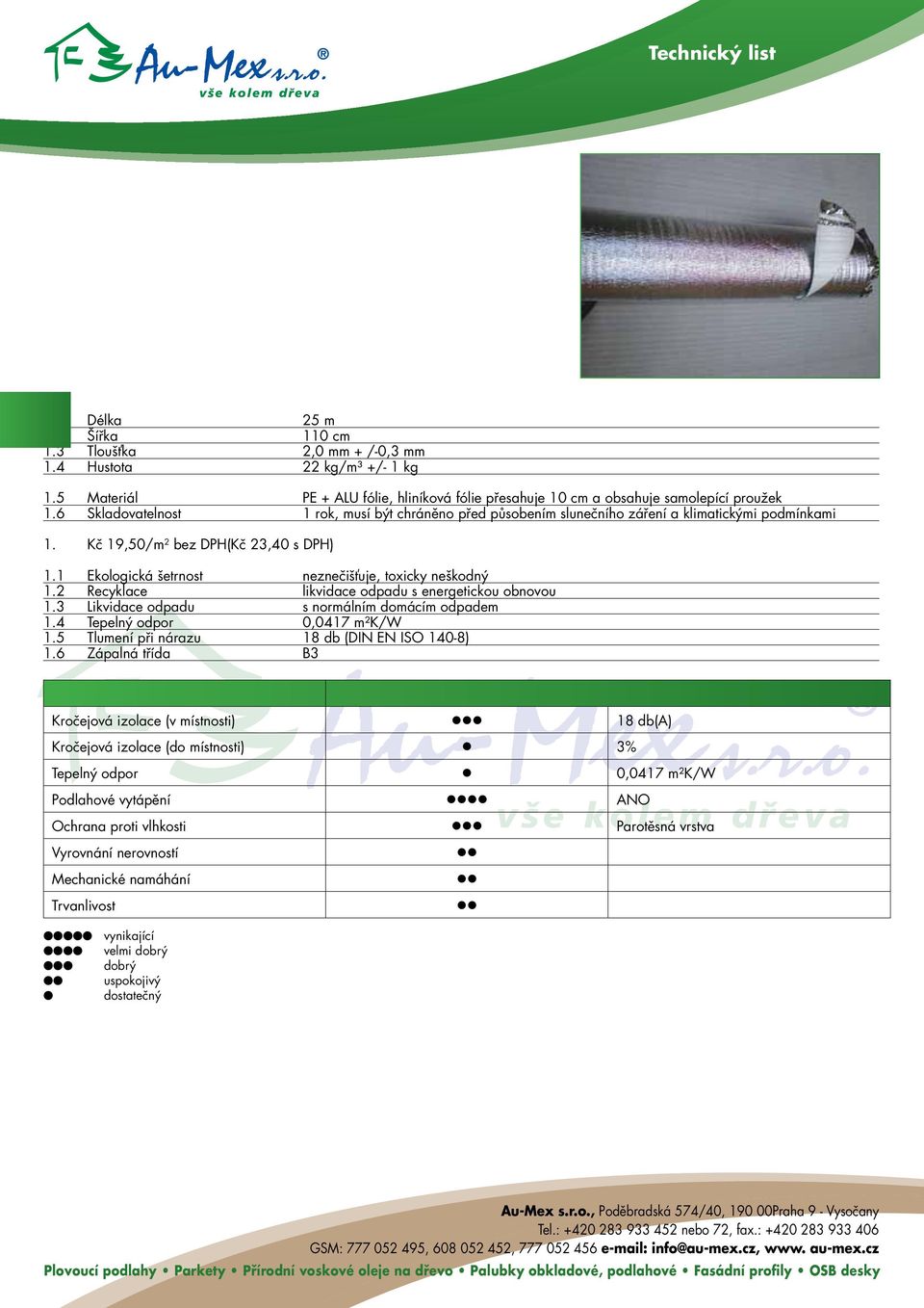 2 Recyklace likvidace odpadu s energetickou obnovou 1.3 Likvidace odpadu s normálním domácím odpadem 1.4 Tepelný odpor 0,0417 m²k/w 1.5 Tlumení při nárazu 18 db (DIN EN ISO 140-8) 1.