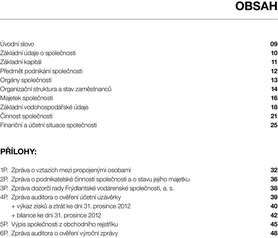 Zpráva o podnikatelské činnosti společnosti a o stavu jejího majetku 36 3P. Zpráva dozorčí rady Frýdlantské vodárenské společnosti, a. s. 38 4P.
