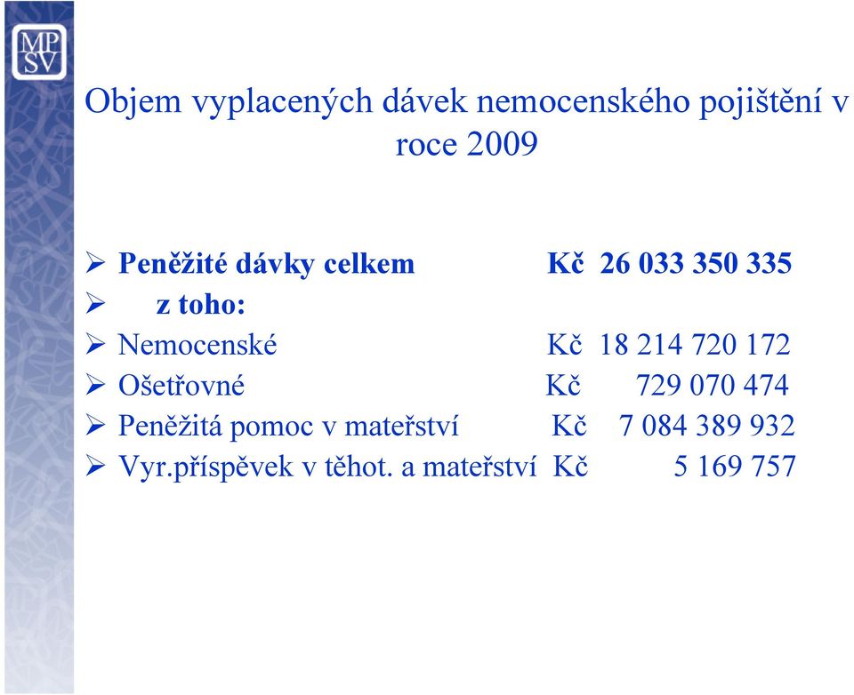 18 214 720 172 Ošetřovné Kč 729 070 474 Peněžitá pomoc v