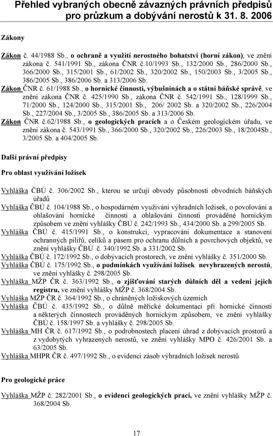 , 150/2003 Sb., 3/2005 Sb., 386/2005 Sb., 386/2006 Sb. a 313/2006 Sb. Zákon ČNR č. 61/1988 Sb., o hornické činnosti, výbušninách a o státní báňské správě, ve znění zákona ČNR č. 425/1990 Sb.