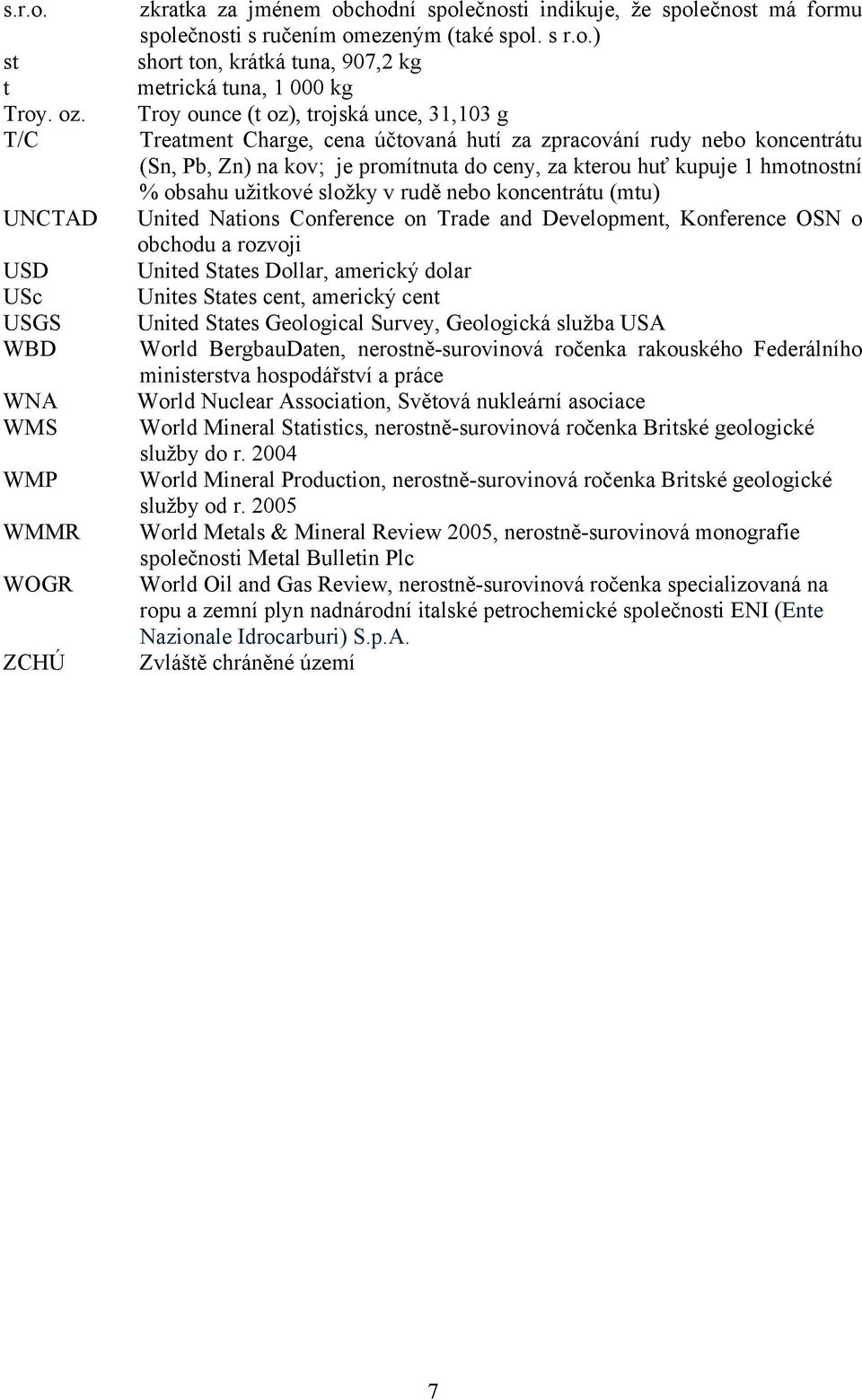 . oz. T/C UNCTAD USD USc USGS WBD WNA WMS WMP WMMR WOGR ZCHÚ zkratka za jménem obchodní společnosti indikuje, že společnost má formu společnosti s ručením omezeným (také spol. s r.o.) short ton,