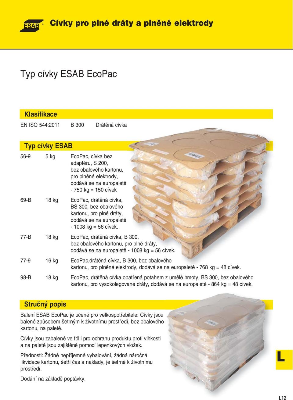 77-B 18 kg EcoPac, drátěná cívka, B 300, bez obalového kartonu, pro plné dráty, dodává se na europaletě - 1008 kg = 56 cívek.