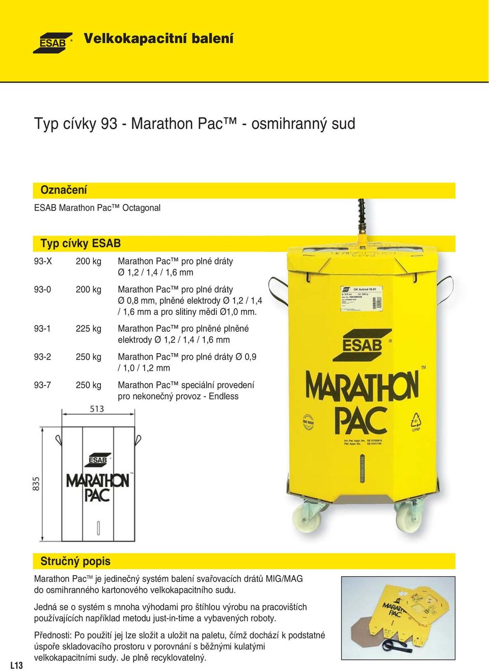 93-1 225 kg Marathon Pac pro plněné plněné elektrody Ø 1,2 / 1,4 / 1,6 mm 93-2 250 kg Marathon Pac pro plné dráty Ø 0,9 / 1,0 / 1,2 mm 93-7 250 kg Marathon Pac speciální provedení pro nekonečný