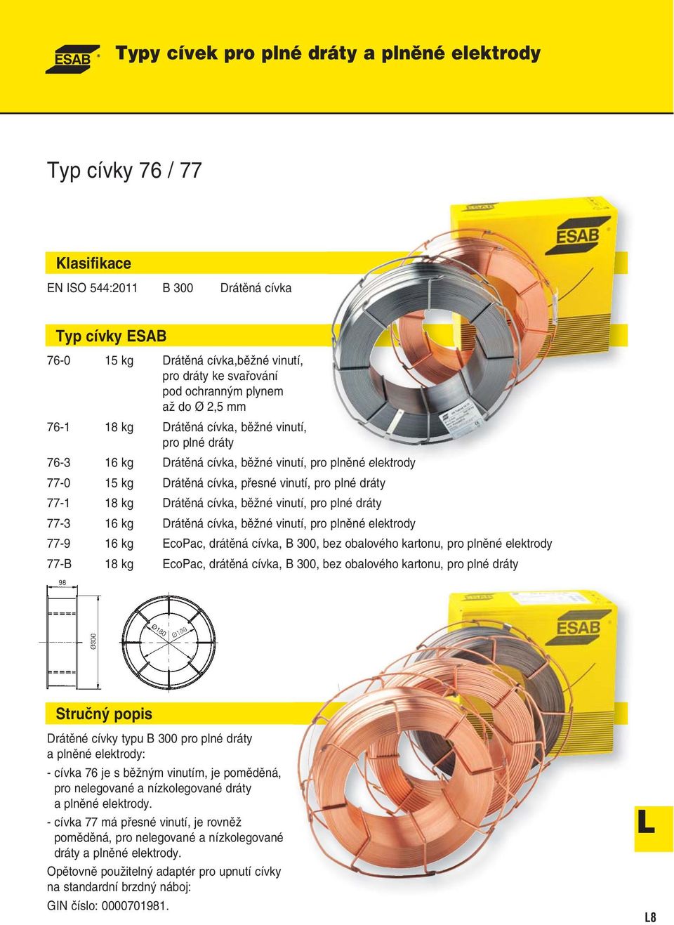 dráty 77-1 18 kg Drátěná cívka, běžné vinutí, pro plné dráty 77-3 16 kg Drátěná cívka, běžné vinutí, pro plněné elektrody 77-9 16 kg EcoPac, drátěná cívka, B 300, bez obalového kartonu, pro plněné