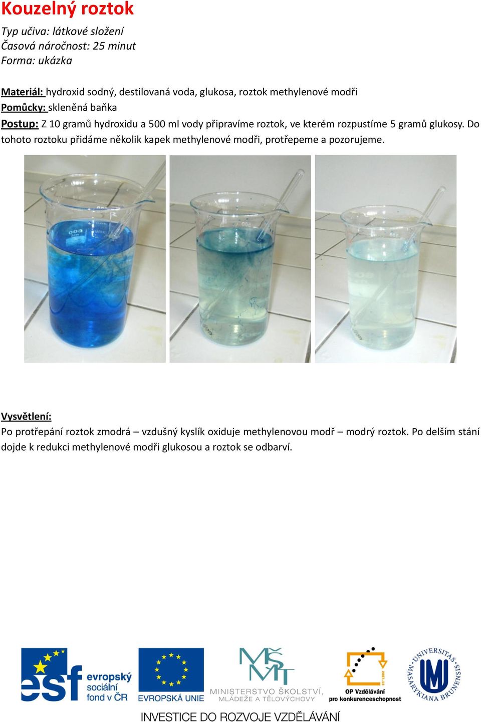 rozpustíme 5 gramů glukosy. Do tohoto roztoku přidáme několik kapek methylenové modři, protřepeme a pozorujeme.