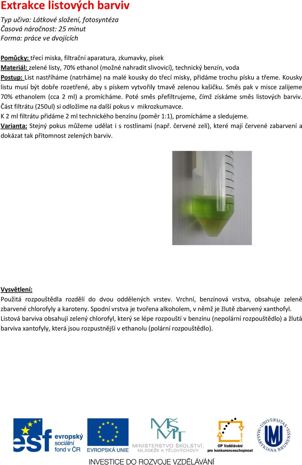 Kousky listu musí být dobře rozetřené, aby s pískem vytvořily tmavě zelenou kašičku. Směs pak v misce zalijeme 70% ethanolem (cca 2 ml) a promícháme.