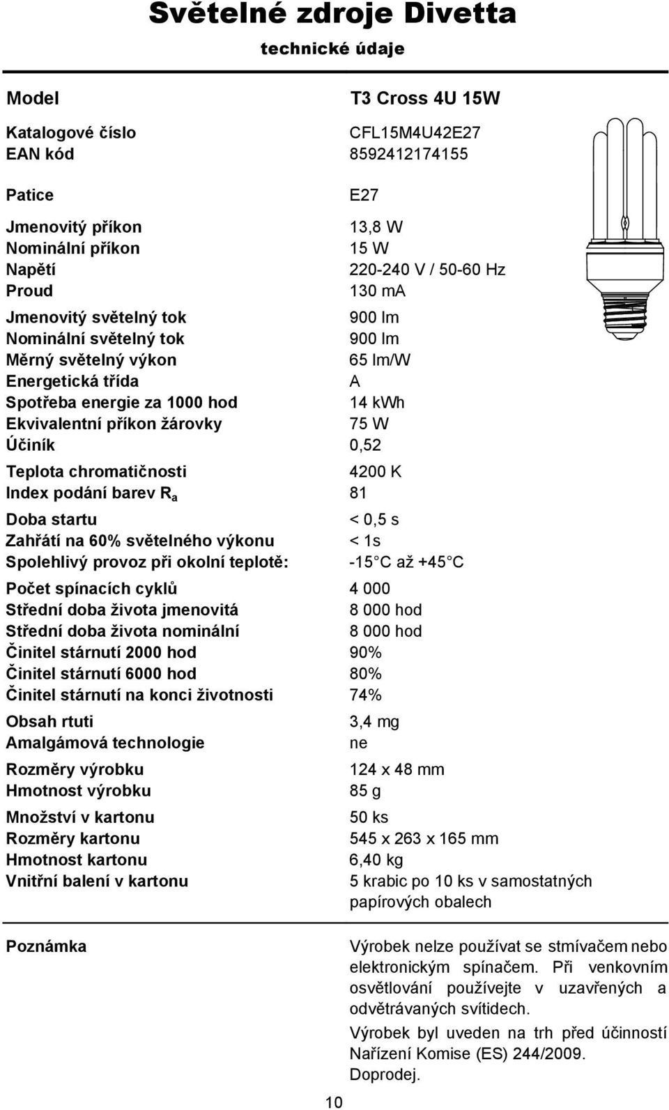 3,4 mg ne 124 x 48 mm 85 g 50 ks 545 x 263 x 165 mm 6,40 kg 5 krabic po 10 ks v samostatných papírových obalech Výrobek nelze používat se stmívačem nebo