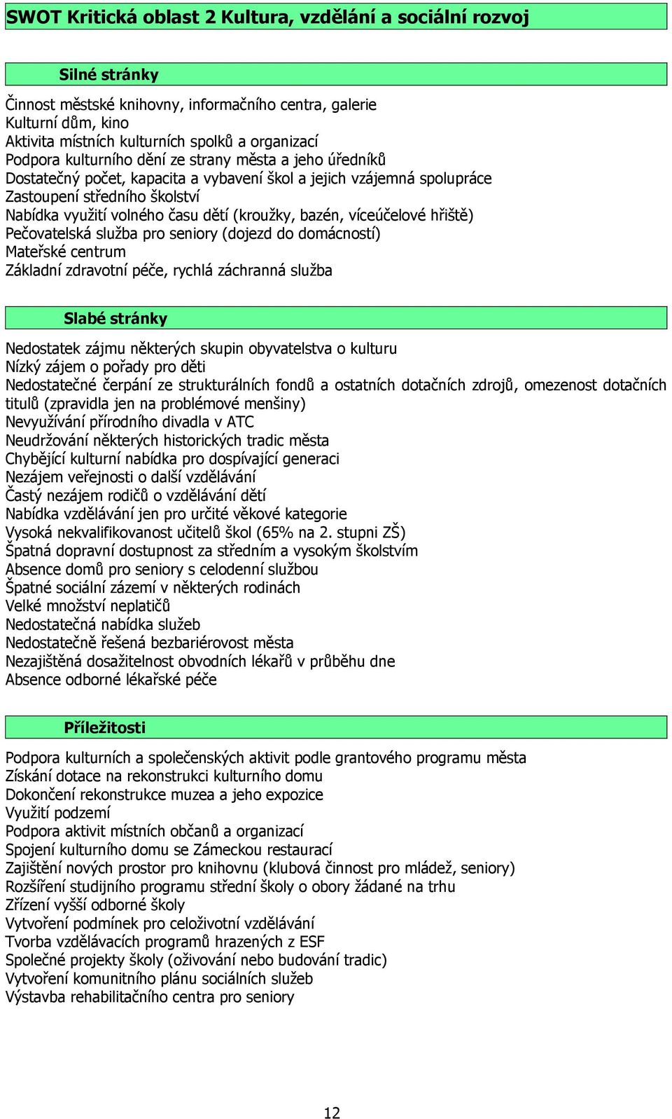 (kroužky, bazén, víceúčelové hřiště) Pečovatelská služba pro seniory (dojezd do domácností) Mateřské centrum Základní zdravotní péče, rychlá záchranná služba Slabé stránky Nedostatek zájmu některých