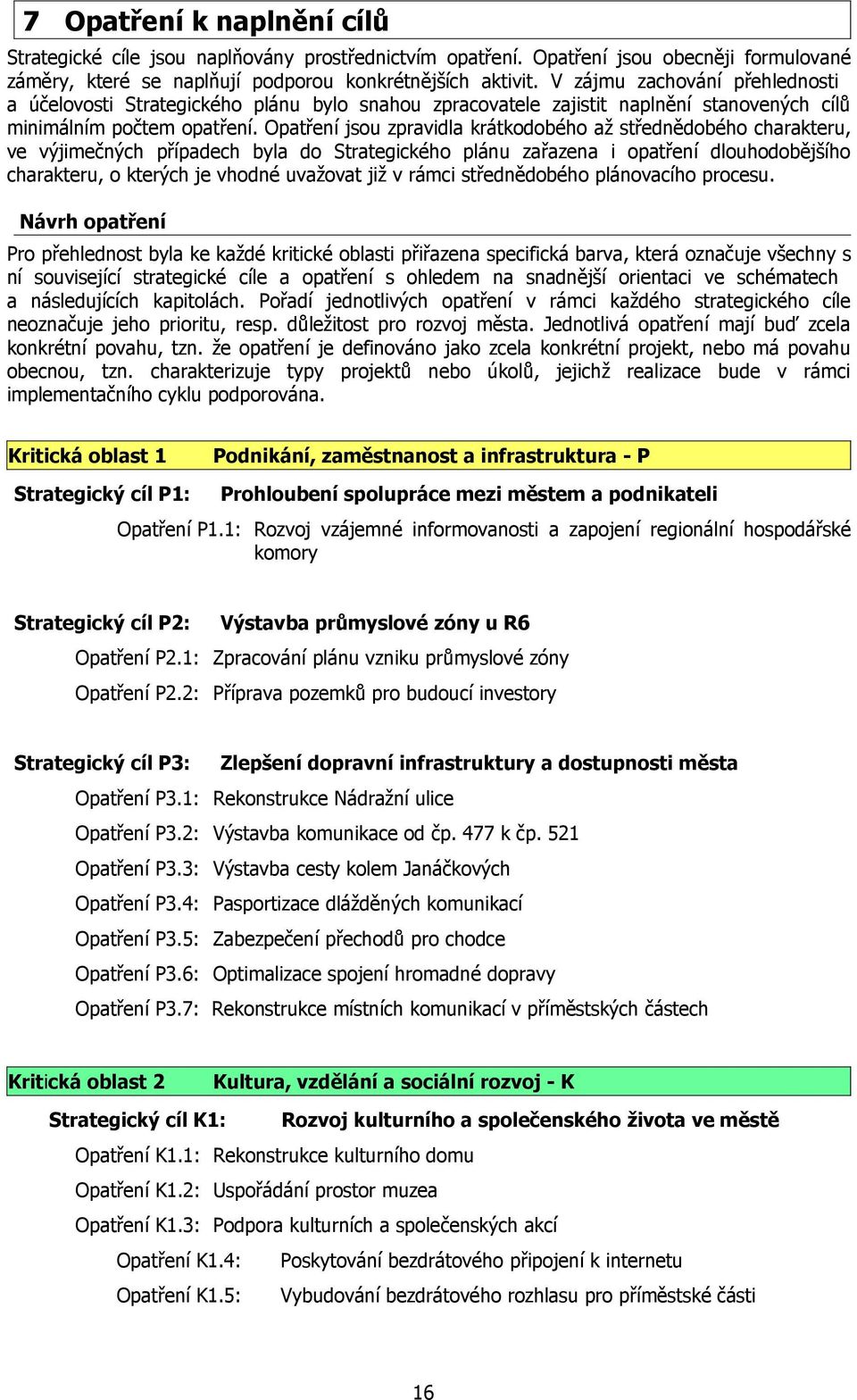 Opatření jsou zpravidla krátkodobého až střednědobého charakteru, ve výjimečných případech byla do Strategického plánu zařazena i opatření dlouhodobějšího charakteru, o kterých je vhodné uvažovat již