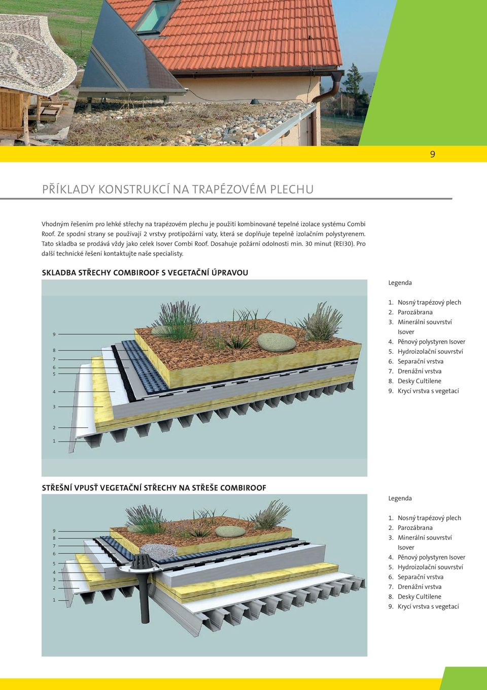 30 minut (REI30). Pro další technické řešení kontaktujte naše specialisty. Skladba střechy COMBIROOF s vegetační úpravou Legenda 9 8 7 6 5 4 1. Nosný trapézový plech 2. Parozábrana 3.