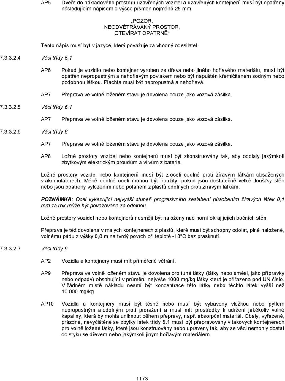 AP6 Pokud je vozidlo nebo kontejner vyroben ze dřev nebo jiného hořlvého mteriálu, musí být optřen nepropustným nehořlvým povlkem nebo být npuštěn křemičitnem sodným nebo podobnou látkou.