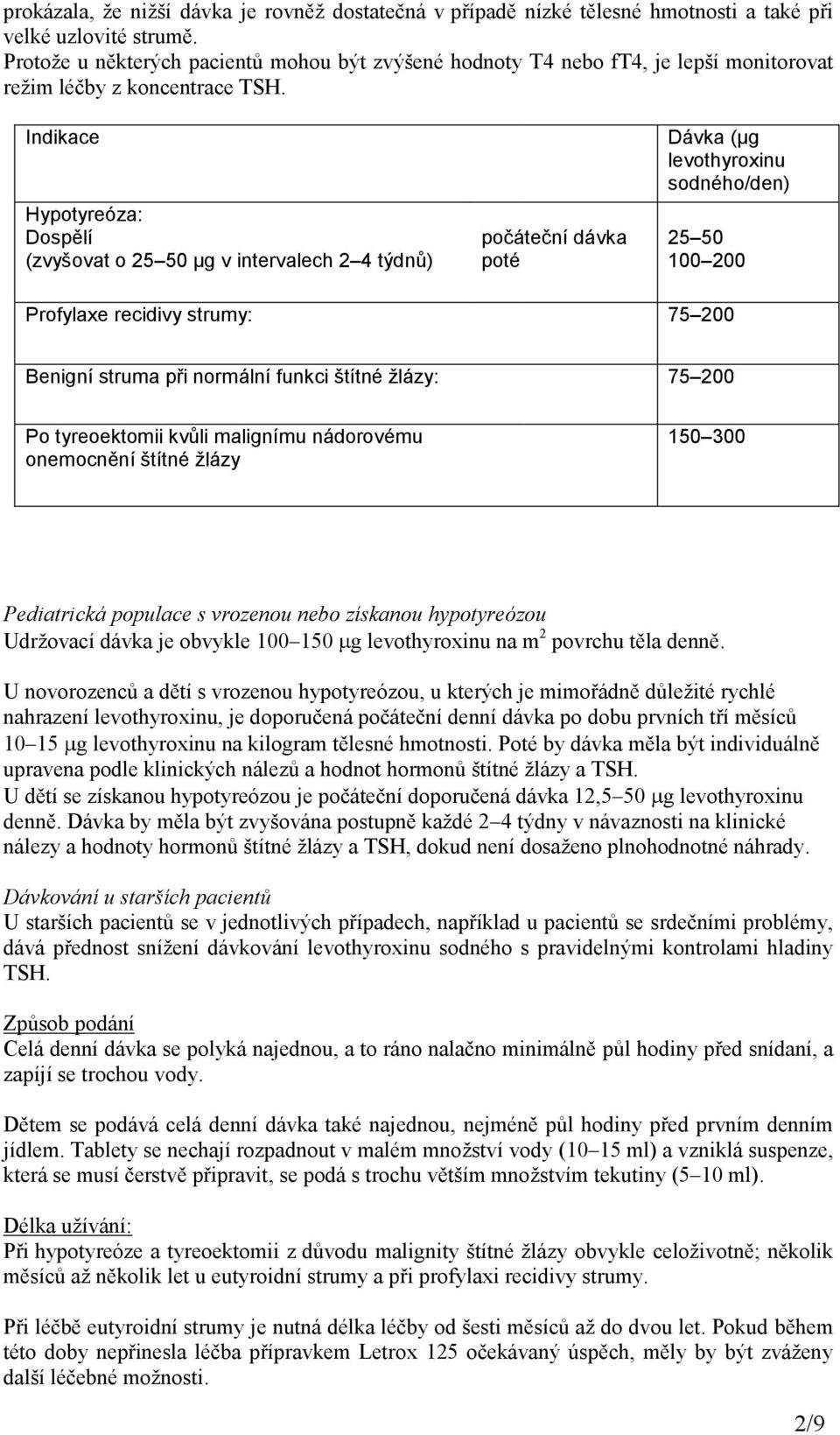 Indikace Hypotyreóza: Dospělí (zvyšovat o 25 50 µg v intervalech 2 4 týdnů) počáteční dávka poté Dávka (µg levothyroxinu sodného/den) 25 50 100 200 Profylaxe recidivy strumy: 75 200 Benigní struma