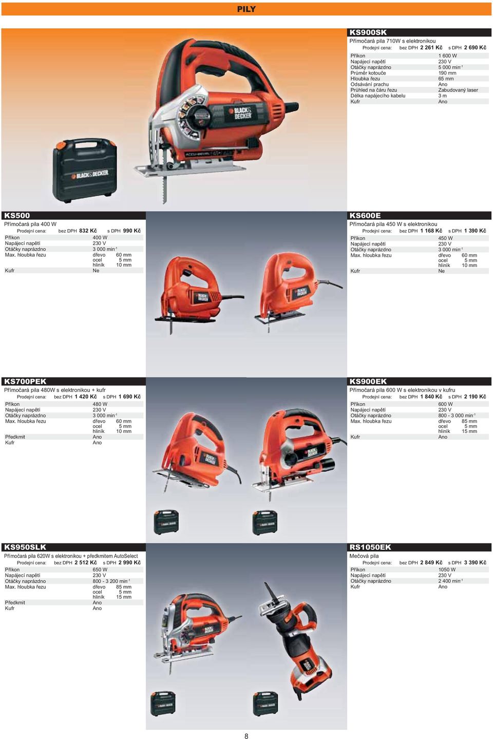 hloubka řezu dřevo 60 mm ocel 5 mm hliník 10 mm KS600E Přímočará pila 450 W s elektronikou : 1 168 Kč s DPH 1 390 Kč 450 W naprázdno 3 000 min -1 Max.