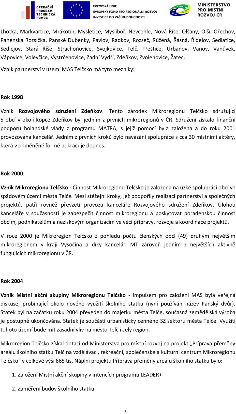 Vznik partnerství v území MAS Telčsko má tyto mezníky: Rok 1998 Vznik Rozvojového sdružení Zdeňkov.