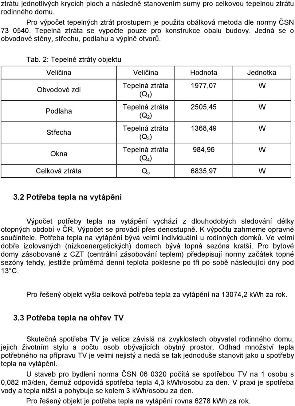 2: Tepelné ztráty objektu Veličina Veličina Hodnota Jednotka Obvodové zdi Podlaha Střecha Okna Tepelná ztráta (Q 1 ) Tepelná ztráta (Q 2 ) Tepelná ztráta (Q 3 ) Tepelná ztráta (Q 4 ) 1977,07 W