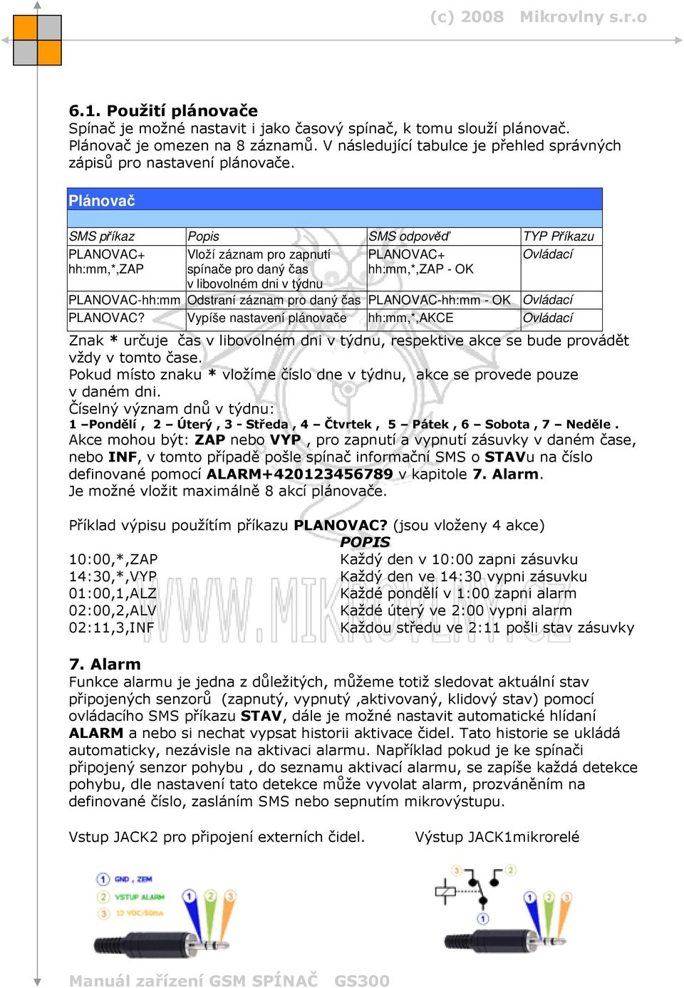 Plánovač PLANOVAC+ Vloží záznam pro zapnutí PLANOVAC+ Ovládací hh:mm,*,zap spínače pro daný čas v libovolném dni v týdnu hh:mm,*,zap - OK PLANOVAC-hh:mm Odstraní záznam pro daný čas PLANOVAC-hh:mm -