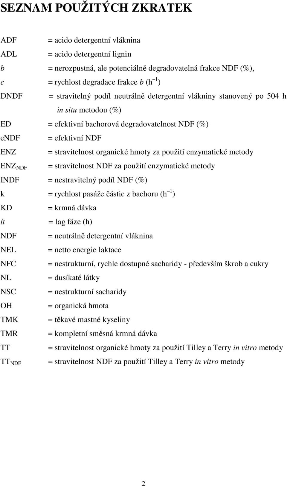 použití enzymatické metody ENZ NDF = stravitelnost NDF za použití enzymatické metody INDF = nestravitelný podíl NDF (%) k = rychlost pasáže částic z bachoru (h 1 ) KD = krmná dávka lt = lag fáze (h)