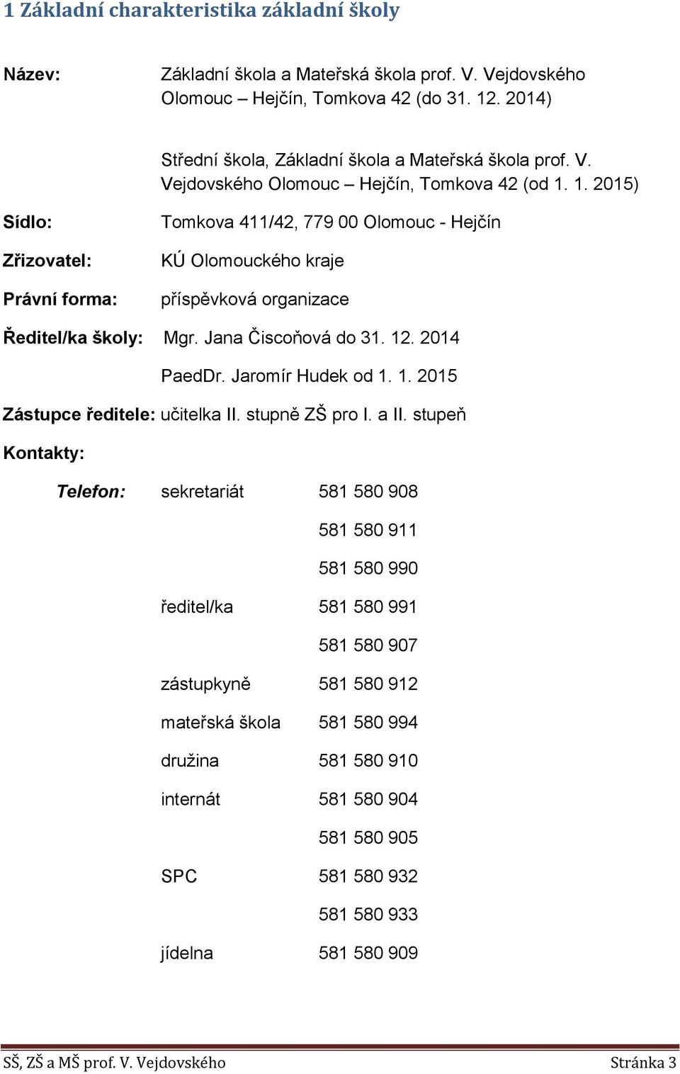 Jana Čiscoňová do 31. 12. 2014 PaedDr. Jaromír Hudek od 1. 1. 2015 Zástupce ředitele: učitelka II. stupně ZŠ pro I. a II.