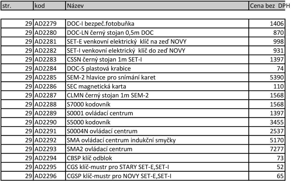 černý stojan 1m SET-I 1397 29 AD2284 DOC-S plastová krabice 74 29 AD2285 SEM-2 hlavice pro snímání karet 5390 29 AD2286 SEC magnetická karta 110 29 AD2287 CLMN černý stojan 1m SEM-2 1568