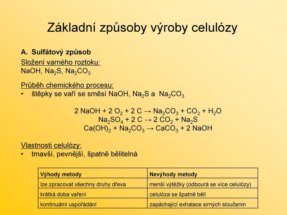 3 2 NaOH + 2 O 2 + 2 C Na 2 CO 3 + CO 2 + H 2 O Na 2 SO 4 + 2 C 2 CO 2 + Na 2 S Ca(OH) 2 + Na 2 CO 3 CaCO 3 + 2 NaOH Vlastnosti celulózy: