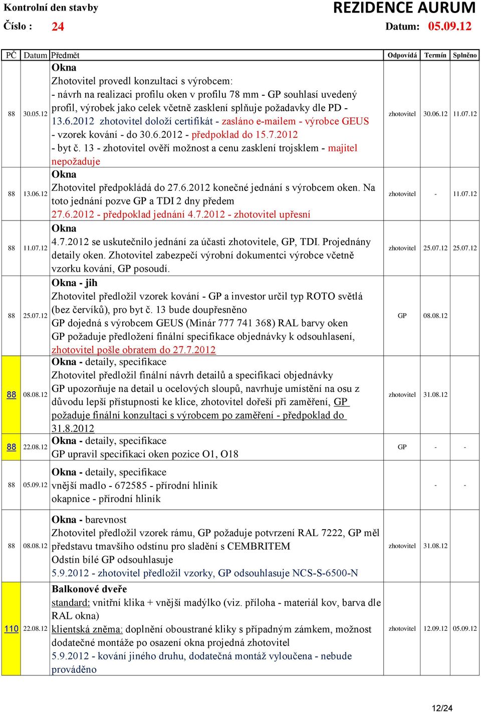 2012 zhotovitel doloží certifikát - zasláno e-mailem - výrobce GEUS - vzorek kování - do 30.6.2012 - předpoklad do 15.7.2012 - byt č.