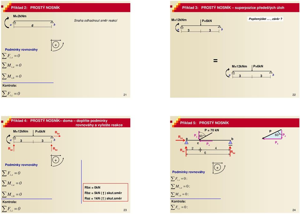 F i x i 2km P6k i 3 3 Kotrol: F i z 2 22 Příkld 4: PROSTÝ OSÍK dom doplňte podmíky rovováhy vyřešte