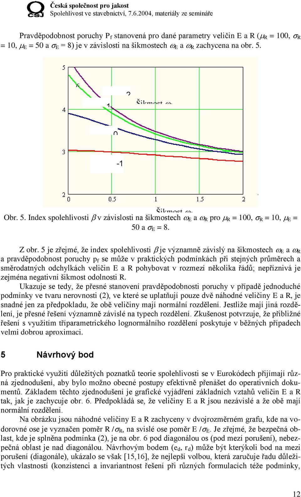 5 je zřejmé, že index spolehlivosti je významně závislý na šikmostech E a R a pravděpodobnost poruchy p f se může v praktických podmínkách při stejných průměrech a směrodatných odchylkách veličin E a