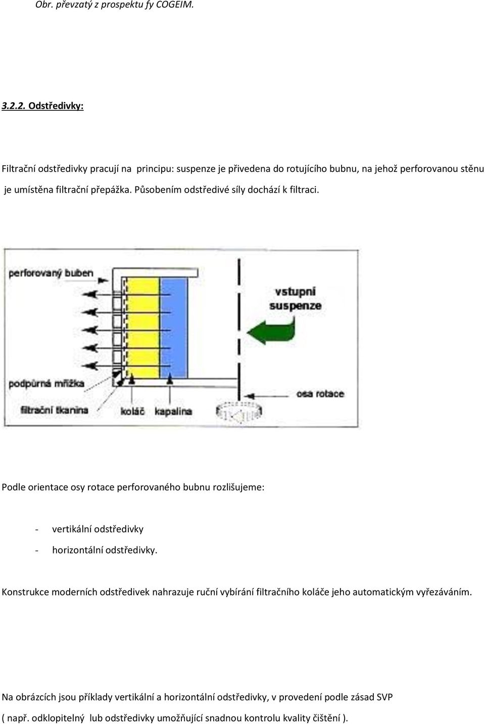 Působením odstředivé síly dochází k filtraci. Podle orientace osy rotace perforovaného bubnu rozlišujeme: - vertikální odstředivky - horizontální odstředivky.