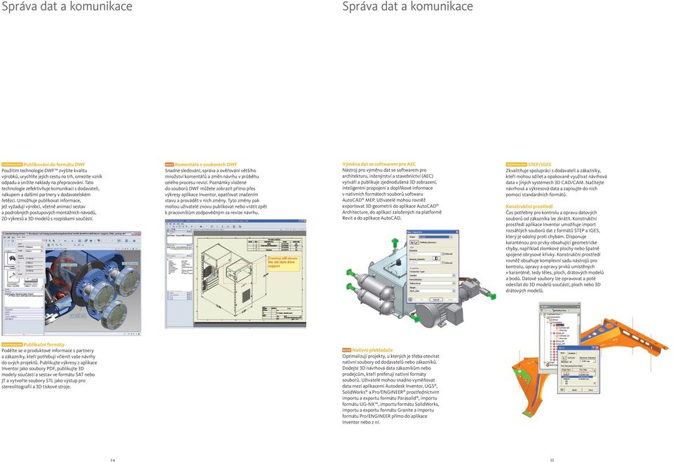 Umožňuje publikovat informace, jež vyžadují výrobci, včetně animací sestav a podrobných postupových montážních návodů, 2D výkresů a 3D modelů s rozpiskami součástí.
